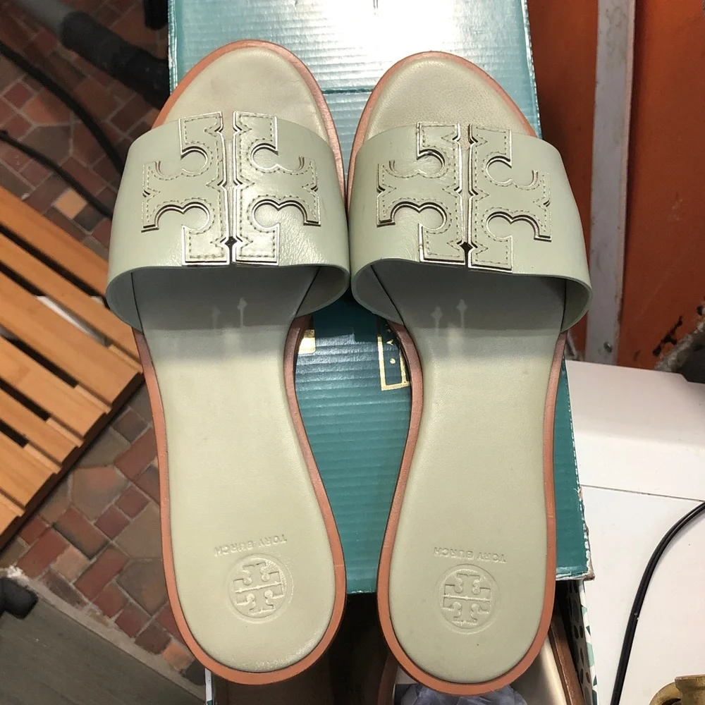 Tory Burch Mint Green Miller Leather Slide Sandals - Picture 1 of 5